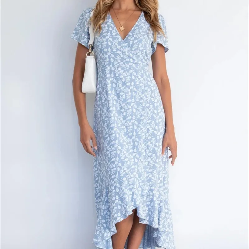 

Summer Casual Women Print Dress 2021 New Elegant V-neck Ruffles Slim Irregular Long Dress