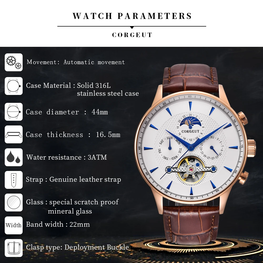Corgeut 44 мм модные Лидирующий бренд механические светящиеся часы с черным