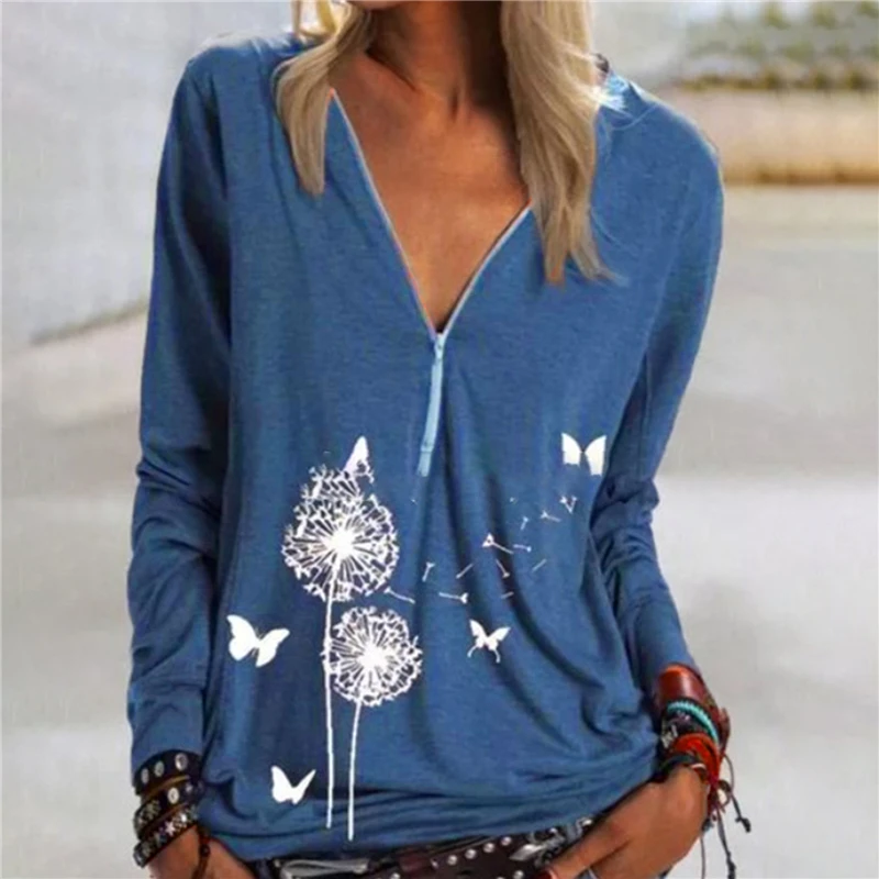 

Dandelion Print T Shirt Spring Ladies Casual V Neck Long Sleeve T Shirts Front Zipper Pullover Female Autumn Loose Tops