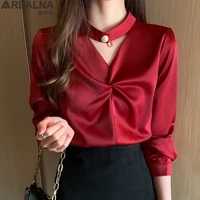 imitation silk blouses women autumn long sleeve satin shirt korean folds chic solid tops office lady work wear womens blouses