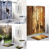 retro forest god elk shower curtains waterproof fabric polyester shower curtain bathroom set toilet cover mat decor with hooks