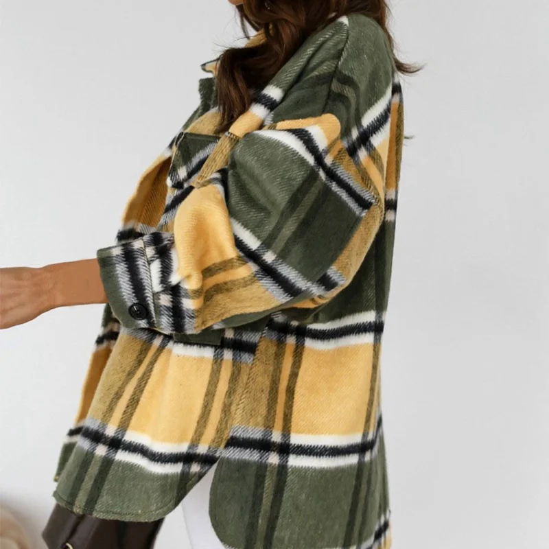 

Puimentiua Casual Plaid Jacket Women Turn Down Collar Fashion Coat With Pockets Autumn Spring Long Sleeve Ladies Jackets Coats