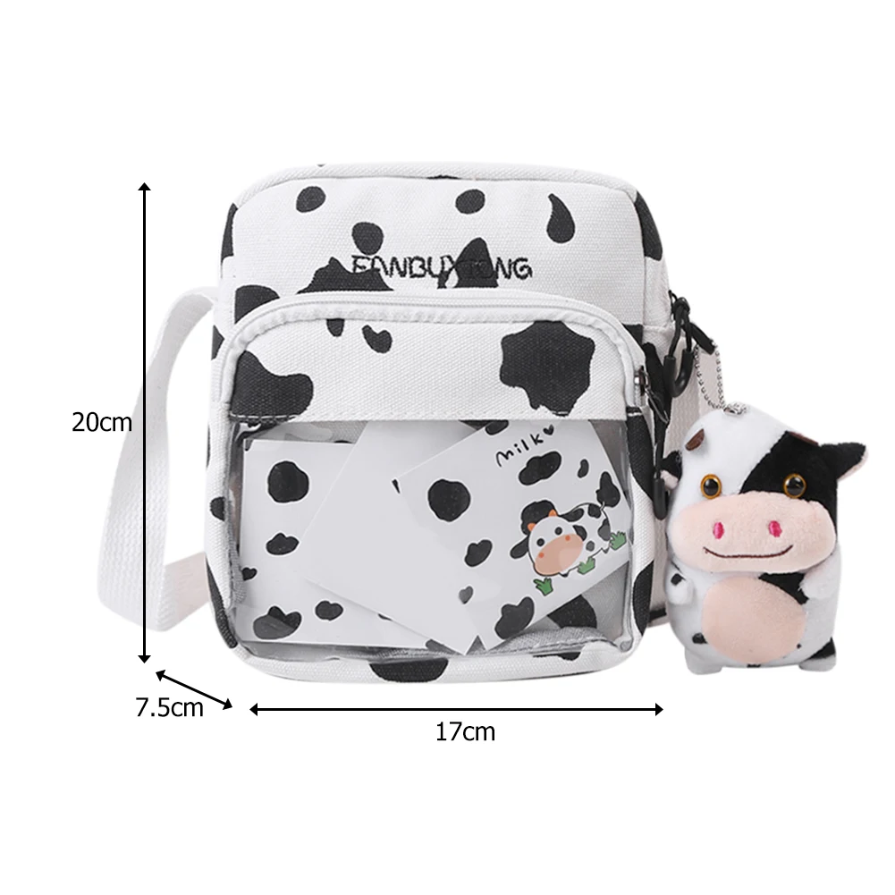 

Women Canvas Crossbody Bags Cow Printing Clear Splicing Zipper Shoulder Pouch Outdoor Shopping Practical Supplies