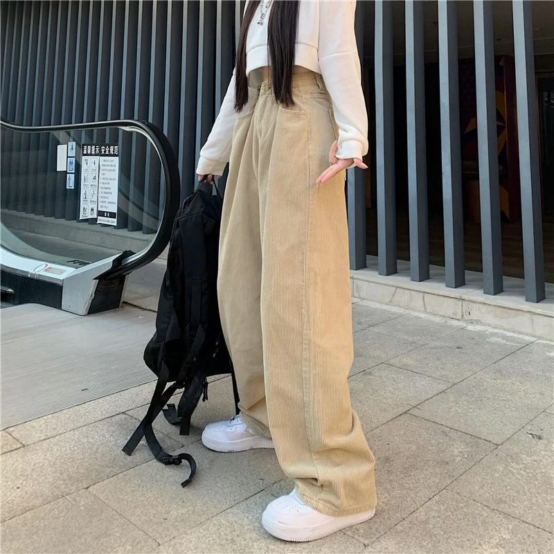 

Yeeloca Retro Corduroy Thickened Wide Leg Pants Women's Spring Versatile Straight Trousers Loose High Waist Trend Casual Pants
