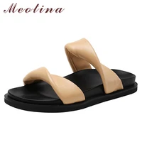meotina slippers shoes women genuine leather sandals flat narrow band slides square toe ladies footwear summer apricot 2021 new