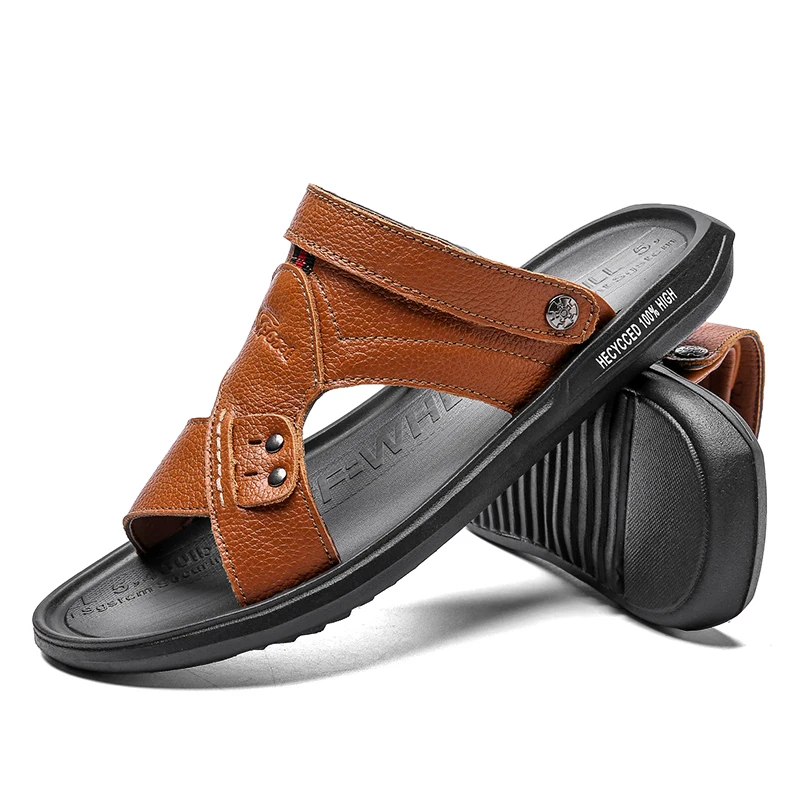 2020 New Men Sandals Genuine Leather Lightweight Slippers Summer Beach Sandal Flat Rubber Wear-resistant | Обувь