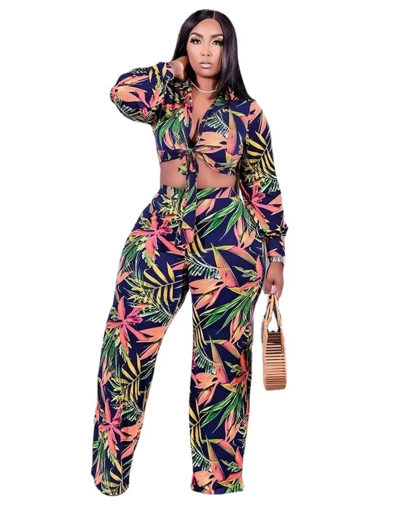 

Женский комплект из двух предметов, рубашка с длинным рукавом и принтом листьев, элегантный костюм с высокой талией для вечеринки и пляжа, о...