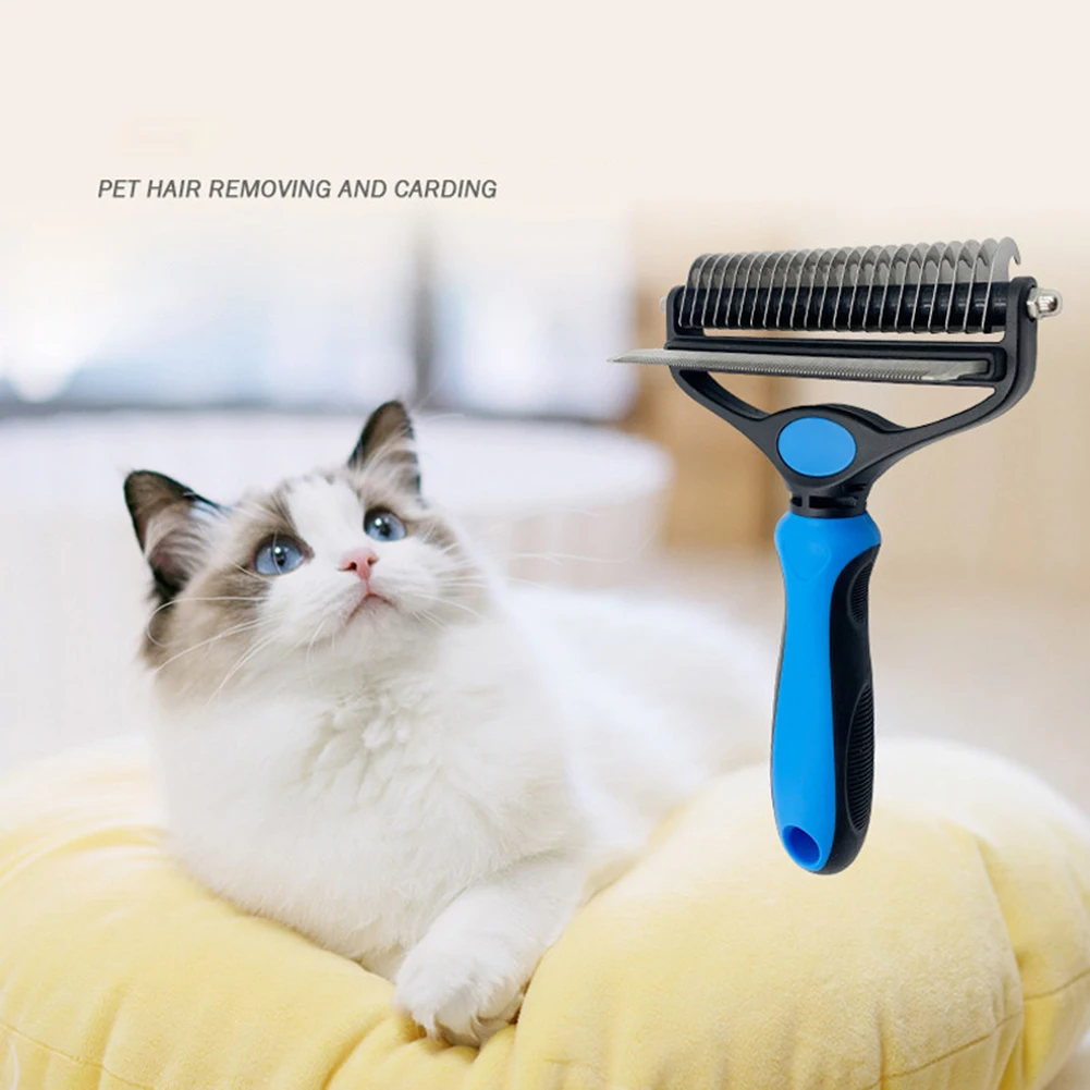 

Professional Dog Comb Rake 2 In 1 Safe Double-Sided Comfortable Handle Pet Grooming Brush For Mats Tangles Removing
