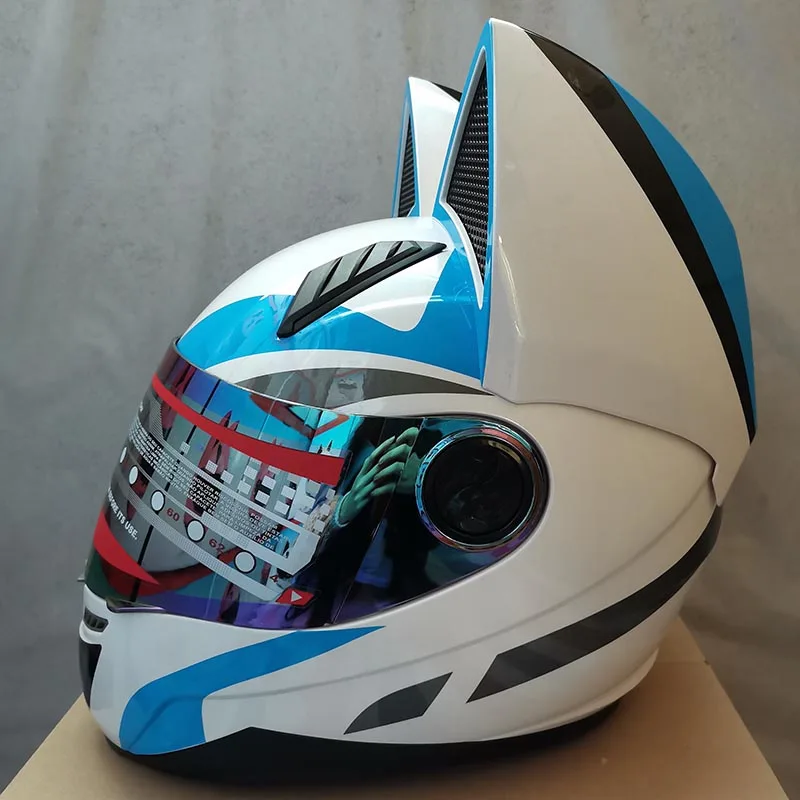 

Нитринос бело-синие кошачьи уши, Casco Moto Envio Gratis вместительный трехколесный мотоцикл