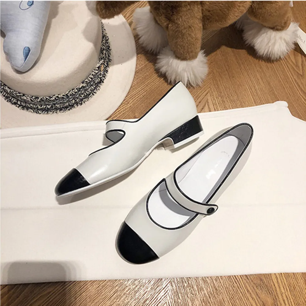 

Prowow Full Genuine Leather Round Toe Thick Heel Low-heeled Mary Jane Shoes Slip-On Loafers Women Middle heels