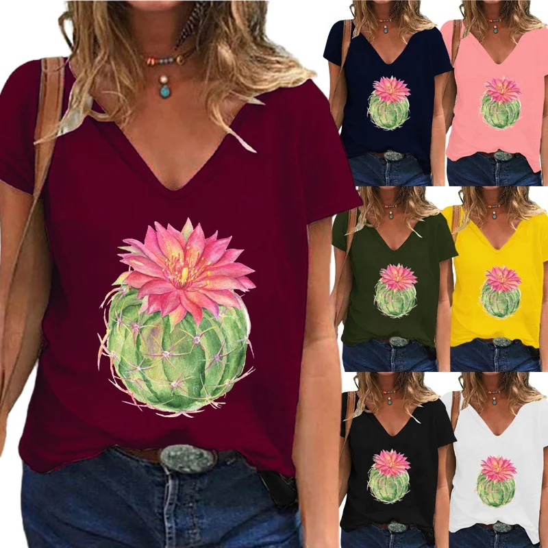 

Женская футболка с коротким рукавом, V-образным вырезом и цветочным принтом