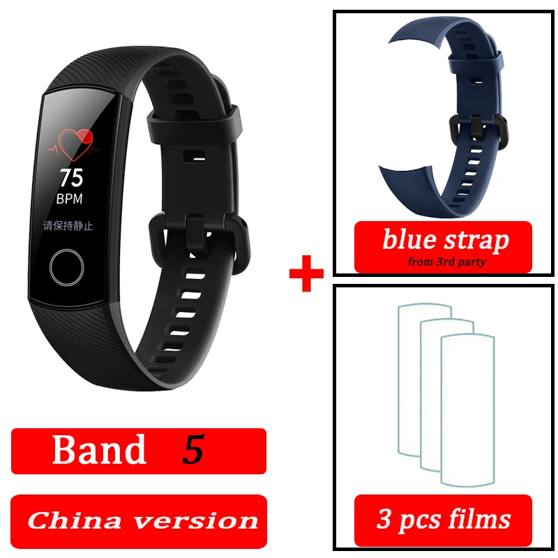 black CN band5 blue Honor Band 4 band 5 умный Браслет 50 м водонепроницаемый цветной сенсорный экран пульсометр сна оснастка умный Браслет - Цвет: black CN band5 blue