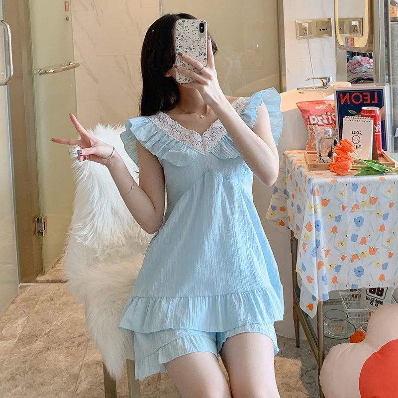 With Chest Pad Cotton Women's Pajamas Sets Summer Lace Nightwear Solid Color Sling Sweet Princess Home Suit Female Sleepwear