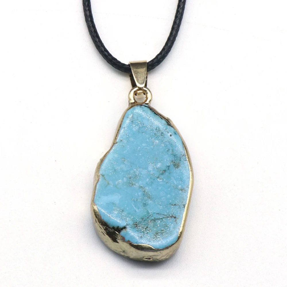 

1pcs Exquisite Natural Stone Pendant Necklace Healing Stone Leather Chain Necklace Blue Turquoise Pendant Necklace Gift 2021 NEW