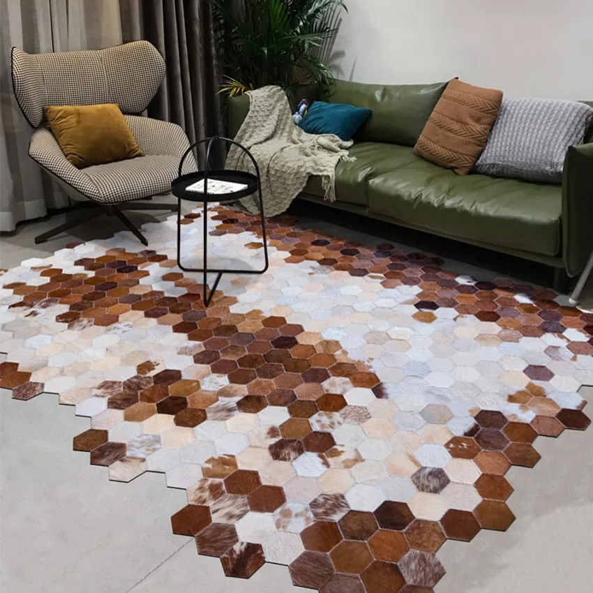 American style irregular shaped genuine cowhide skin fur patchwork rug real cows diamond plaid carpet villa | Дом и сад