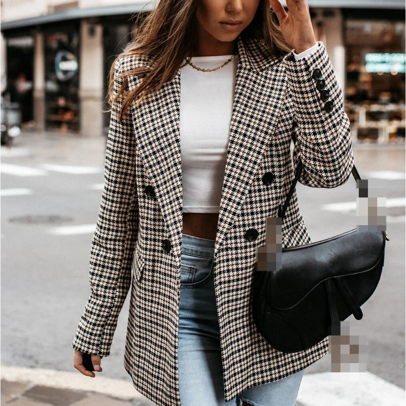 

Woman Jacket Autumn Double-breasted Lapel Vintage Plaid Temperament Women Blazers Winter Casual Jacket with Buttons Streetwear