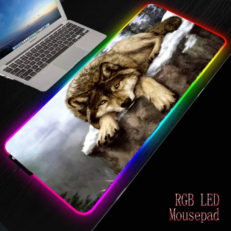 

Большой игровой коврик для мыши Wolf со светодиодной RGB подсветкой, аксессуары для компьютерных игр, Настольный коврик 40x90 см, Цветные коврики ...