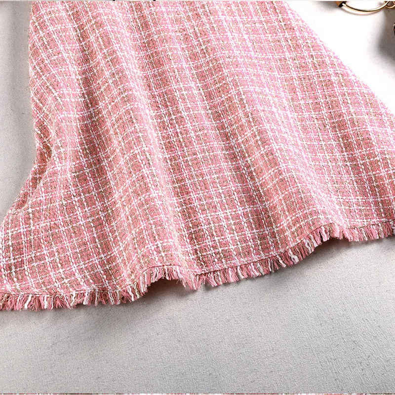 

Plaid Tweed Dresses Office Lady Elegant Spring and Autumn Plus Size 5xl for Women Bow Doll Collar Long Sleeve Double Breasted