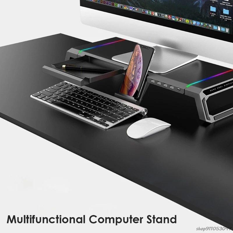 

T1 Universal Monitor Stand Riser RGB Support with 4 USB3.0 Charging Desk Organizer Holder Bracket for Laptop Computer Wholesales