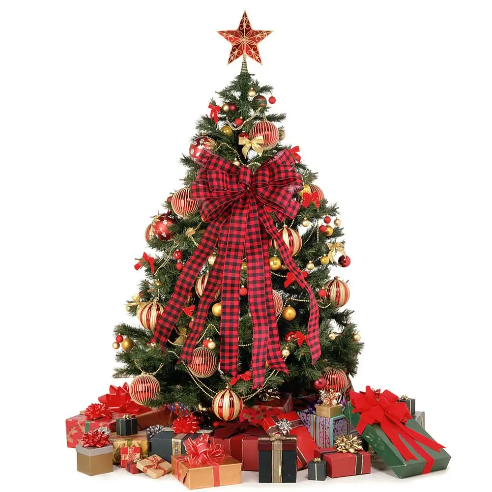 Christmas Bows Tree Topper Buffalo Plaid Red Black Burlap Decorative Bow Toppers Decorations Handmade for Wreat | Дом и сад