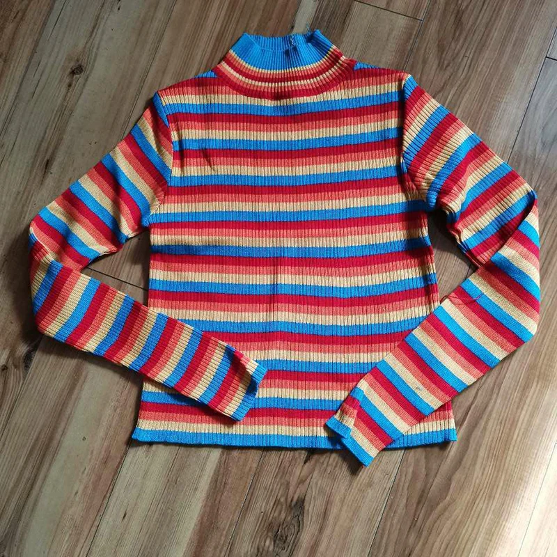 

Lucyever Fashion Rainbow Stripes Knitted Women Sweaters Autumn Thin Slim Turtlenecks Pullovers Woman Casual Short Tops Mujer