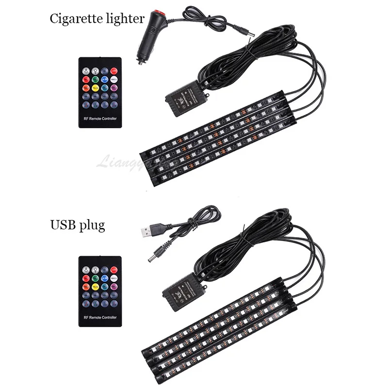 LED Car Foot Light Ambient Lamp With USB Cigarette Lighter Wireless Remote Music Control Automotive Interior Decorative Lights | Автомобили