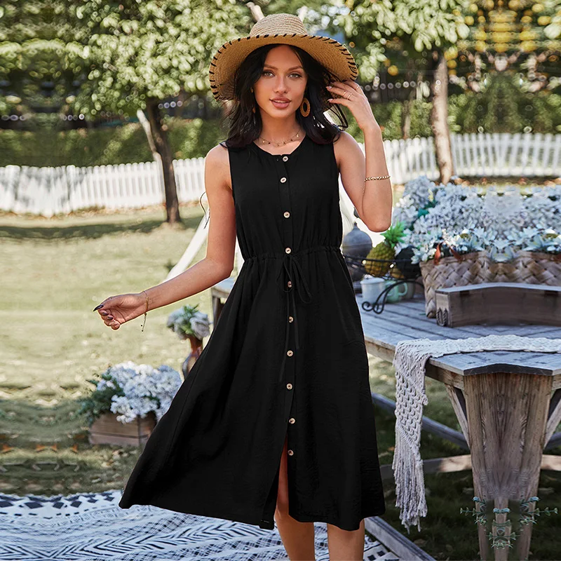 

Spring New Sleeveless Dress Women Casual Solid Color Lace Up High Waist Button Dress For Women 2021 Holiday Style Summer Dress