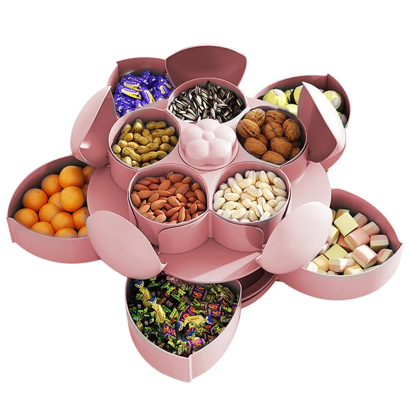 

Petal-Shape Rotating Candy Box Snack Nut Box Flower Candy Fruit Plate Food Storage Case Two-deck Dried Fruit Storage Organizer