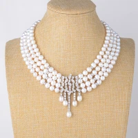 18 4 strands cultured white pearl statement necklace cz pendant and match teardrop cz earrings set