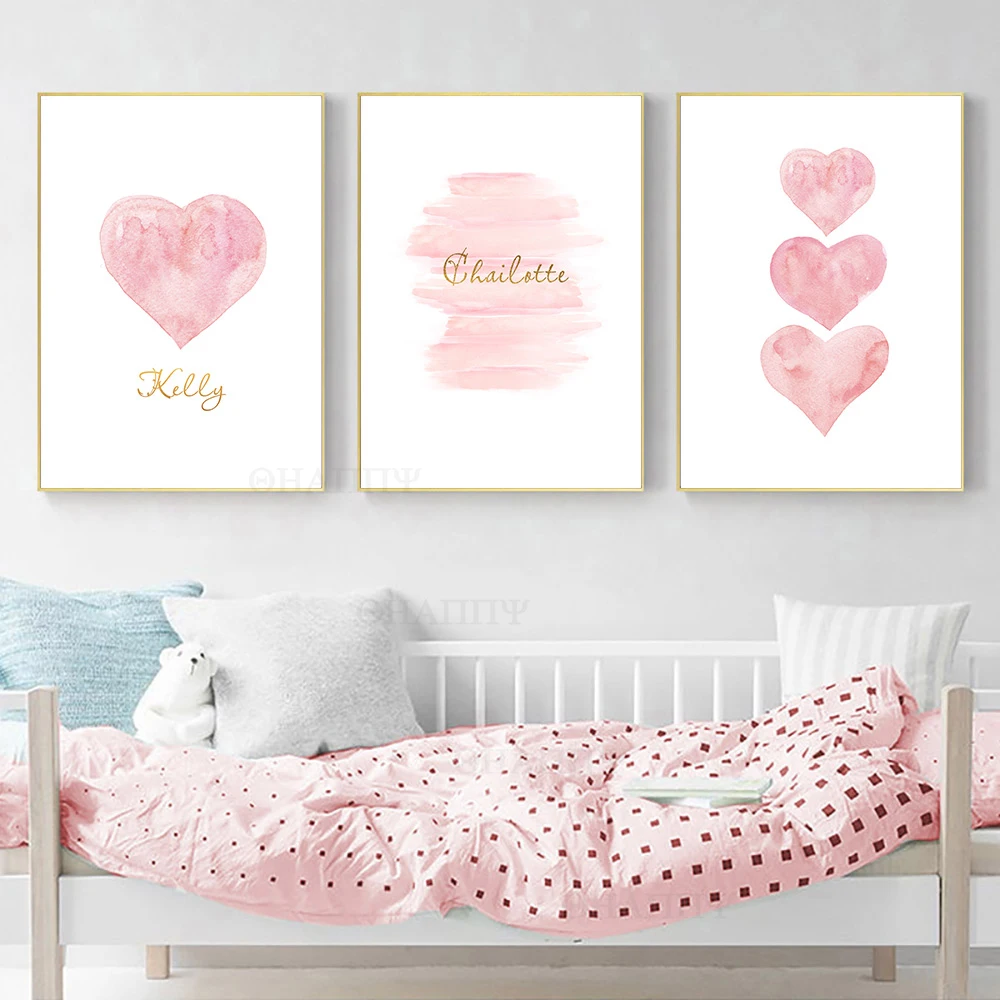 

Pink Heart Wall Art Print Custom Name Canvas Painting Nursery Canvas Print Watercolor Poster Wall Pictures For Kids Room Decor