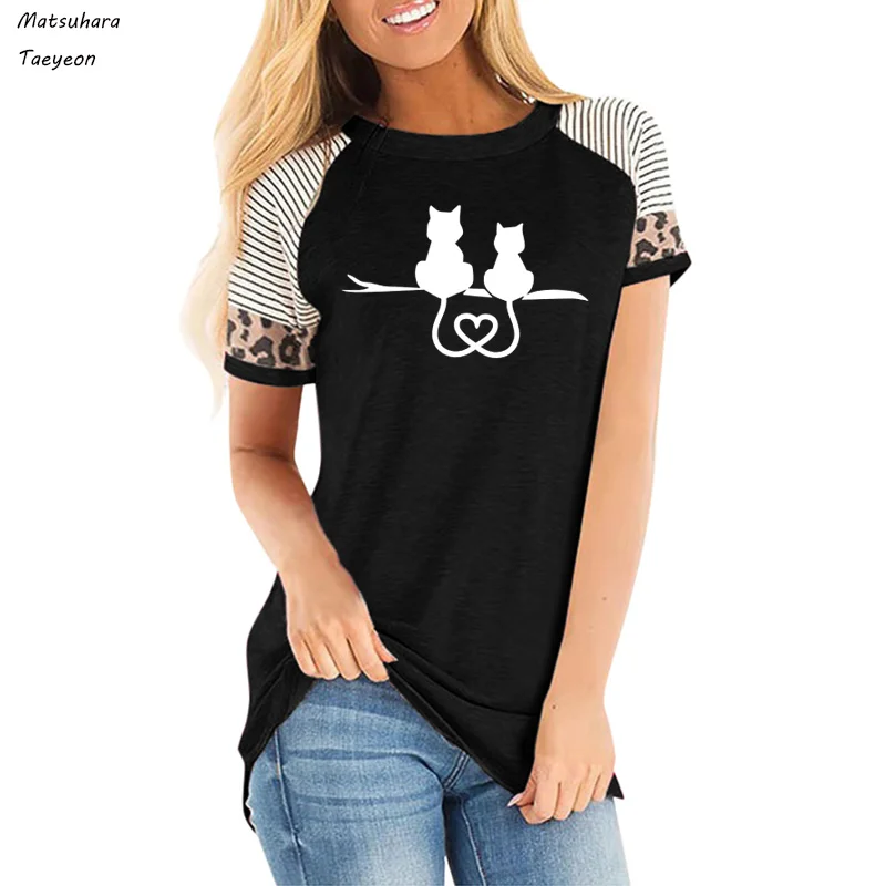 

Women clothing Cat Couple Resting Together Print Tee T-shirt Women Top Short Sleeve Female Leopard Print T shirt