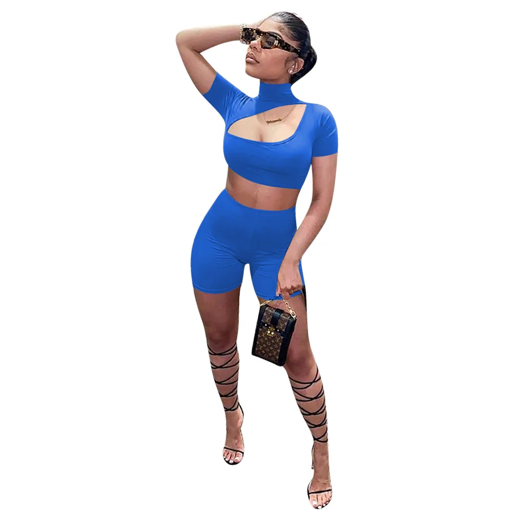 Sexy Hollow Out Cotton Tracksuit Women Summer Lounge Wear Turtleneck Crop Top with Biker Shorts Bodycon Two Piece Set Outfits |