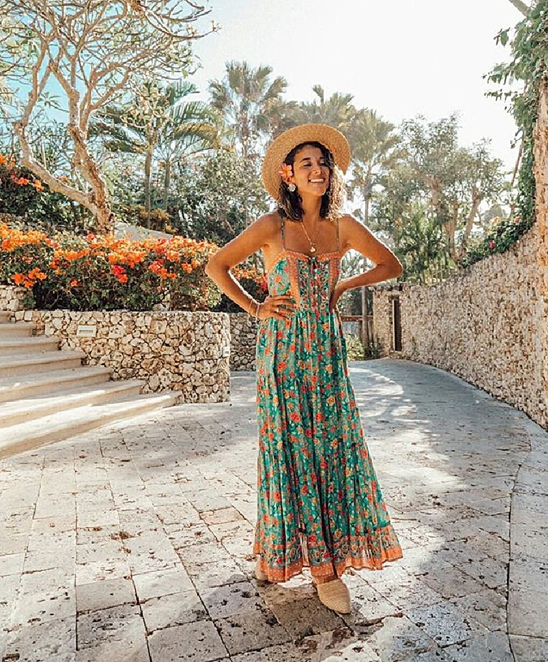 TEELYNN BOHO strapppy платья Gypsy без рукавов летние платья искусственный шелк Цветочный Принт Сарафан Макси платье на бретелях для женщин vestidos