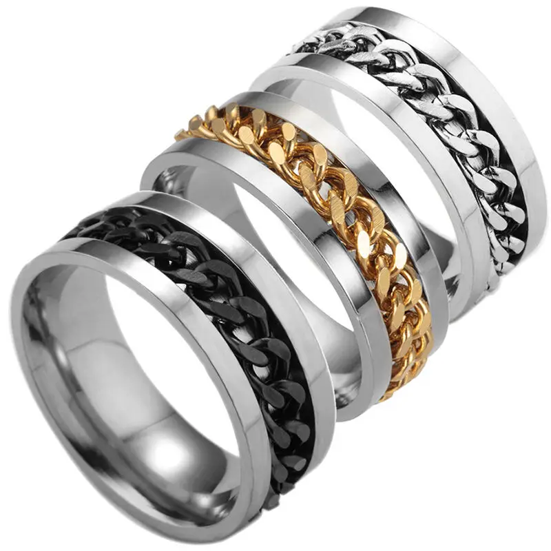 

Fashion 316L Stainless Steel Ring Rotatable Chain Spinner Ring Punk Titanium Steel Black Gold Men Charm Metal Finger Jewelry New