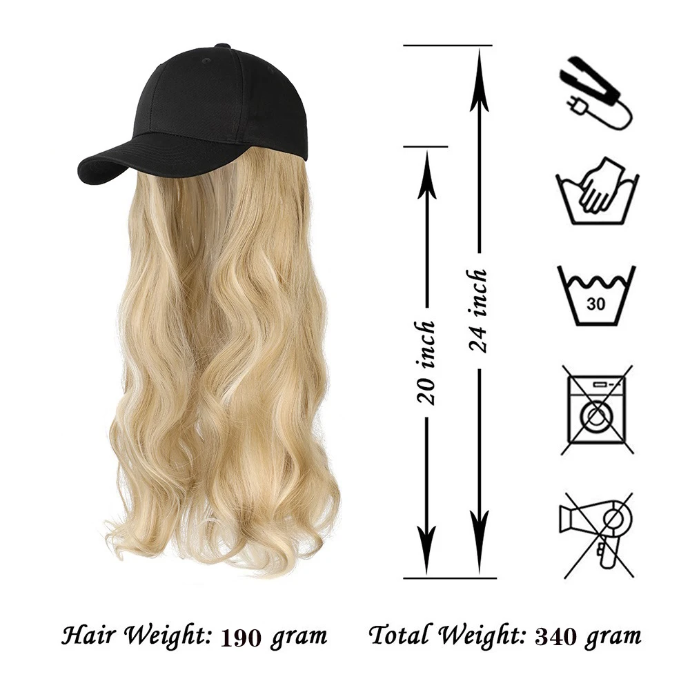 SHANGZI Long Wavy Synthetic Baseball Cap black white Hair Wigs Natural Removable wig hats Naturally Synthetic Hat Wig For Girl