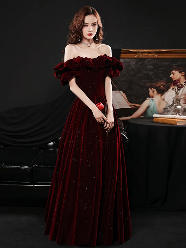 

Burgundy Ruffles Off Shoulder Starry Evening Dress Classic Backless Bandage Collect Waist A Line Velvet Pageant Party Gown
