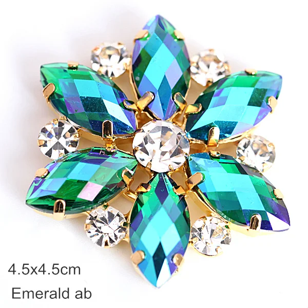 Emerald AB-4.5cm 1 шт. кристалл AB аппликация из стеклянных страз с золотой основой цветок аппликация стразы пришить стразы для свадебного платья B3486 - Цвет: Emerald AB-4.5cm