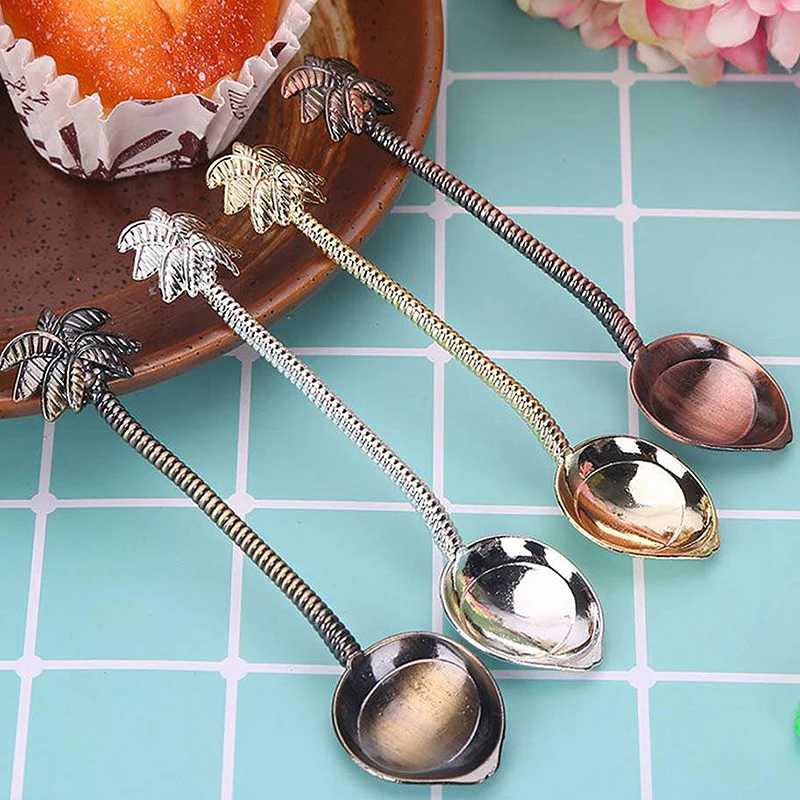 

2pcs Vintage royal style Coconut Tree Tea Coffee Spoon Ice Cream Small Decoration Zine Alloy Gift for Bar Party