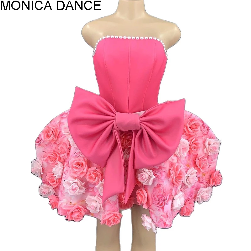 

Sexy Stage Pink Rose Dress For Women Birthday Outfit Strapless Bubble Short Dress Prom Party Cosplay Gogo DJ Stage Costume