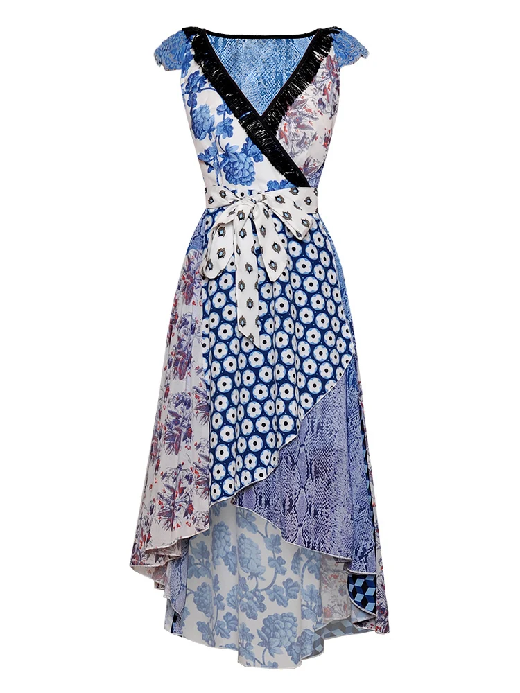 VERDEJULIAY Runway Summer Dress Women Luxury New Fashion Patchwork Dot Flower Print V-Neck Irregular Sexy Dress Vestidos