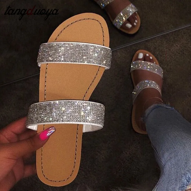 

rhinestone sandals women summer slippers open toe big size sandal beach slides women summer shoes gold silver Zapatos de mujer