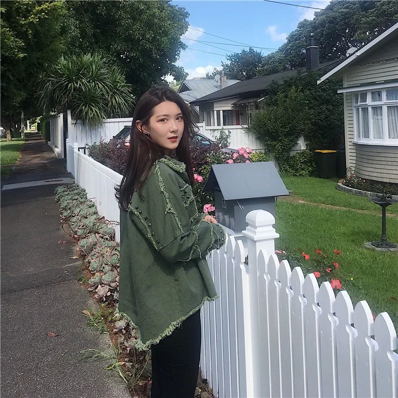 Осенняя женская джинсовая куртка с заклепками джинсовые куртки длинным рукавом