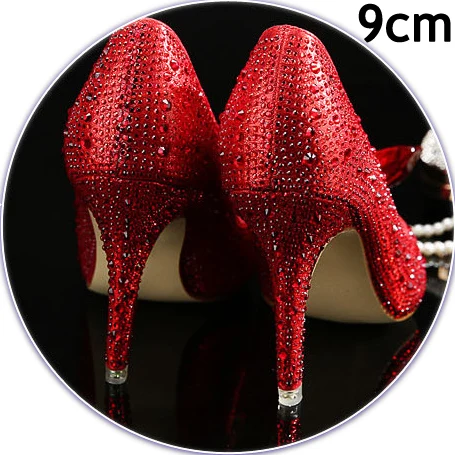 Red 9cm Heel Красные туфли-лодочки с острым носком, украшенные кристаллами; роскошные стразы; свадебные туфли Золушки на каблуке; Свадебная женская обувь на шпильке; HZXINLIVE - Цвет: Red 9cm Heel