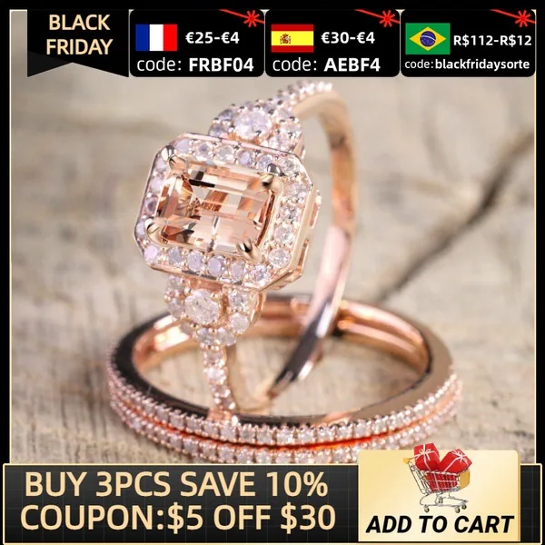 

2021 new luxury Rose Gold color princess wedding ring set for women lady anniversary gift jewelry bague femme homme anelli R5085