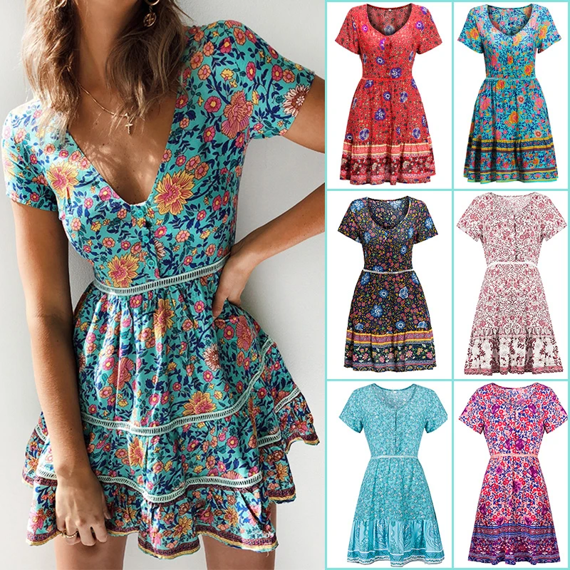 

Raisevern Women Mini Boho Dress A Line Floral Print Dress Vestidos Summer Beach Short Sleeve V Neck Evening Party Bohemian Dress