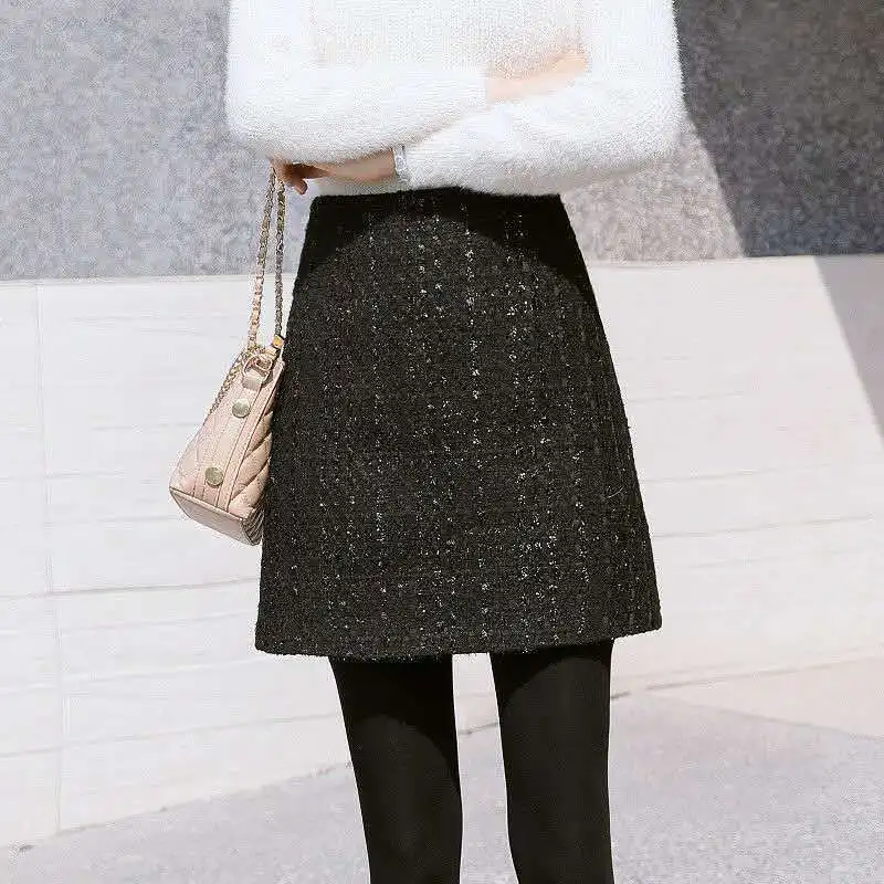 

2021 Black Tweed Skirts Women Tassel Autumn Mini Pencil Skirts Plaid Wool Skirts High Waist Elegant Office Lady Skirt Y402