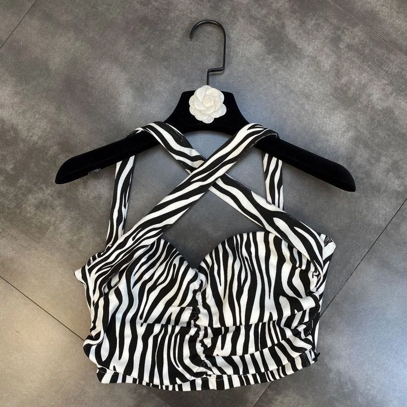 

Женский короткий жилет ZCSMLL, Осенний жилет со складками, с перекрестными лямками, черно-белый узор в виде зебры, тонкий, 2021