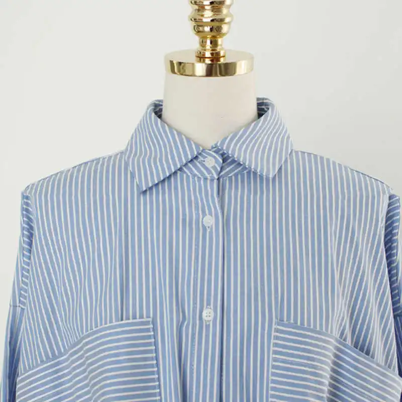 CHICEVER Striped Women Tops And Blouses Lapel Batwing Sleeve Loose Asymmetric Hem Ruffles Women's Shirts Korean Fashion Clothing | Женская