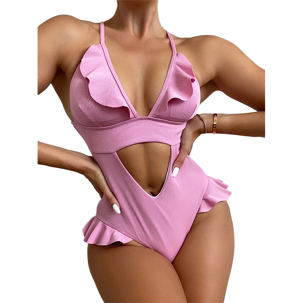 

FS 2021 Deep V Neck Backless Pink Ruffled Bikini Women Ladies Swimsuits Bathing Suits Monokini Swimwear One Piece Hollow Cut Out