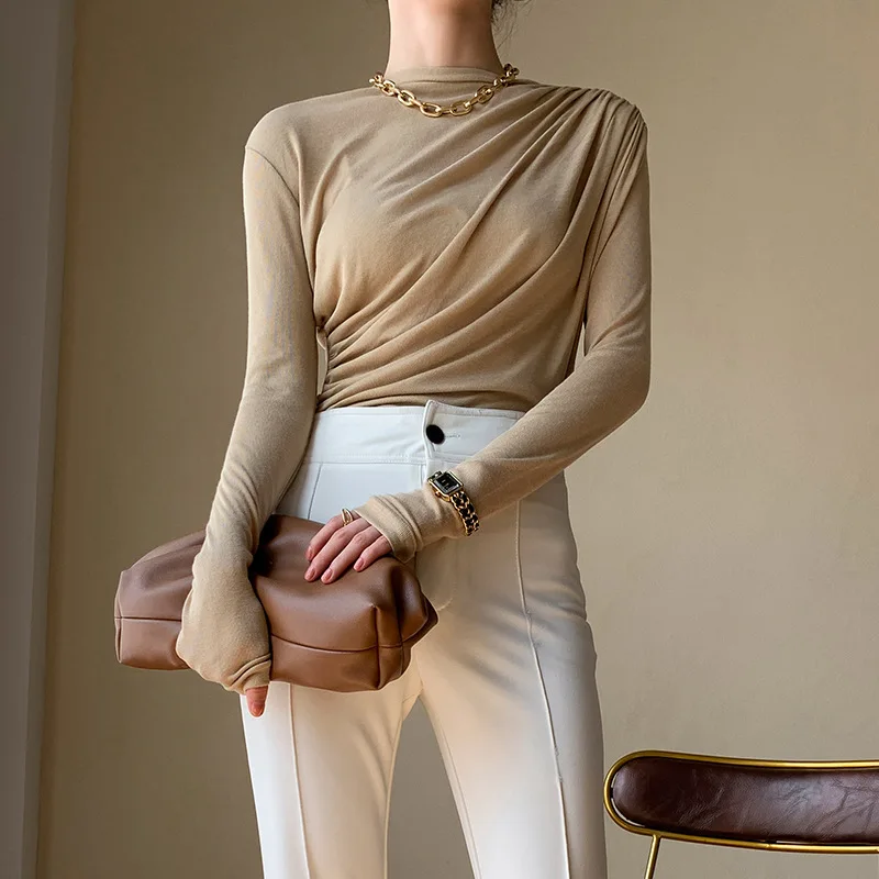

Casual Pleated Long Sleeve Blouse T-shirt for Woman 2020 Autumn Designer Luxury Woman Clothing Harajuku